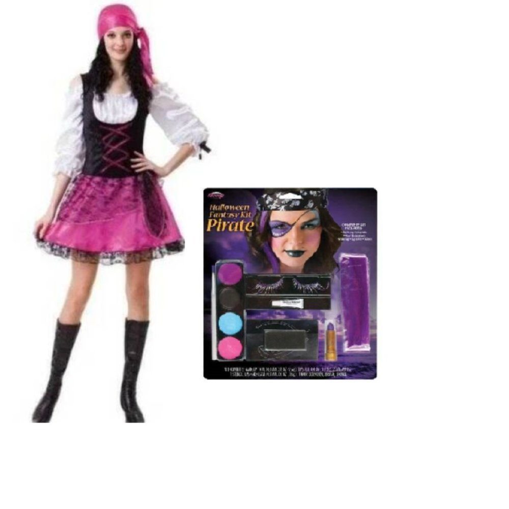 Pirate & Make-Up Halloween Costume OS Caribbean Pink Dress 3 Pc Junior Teen